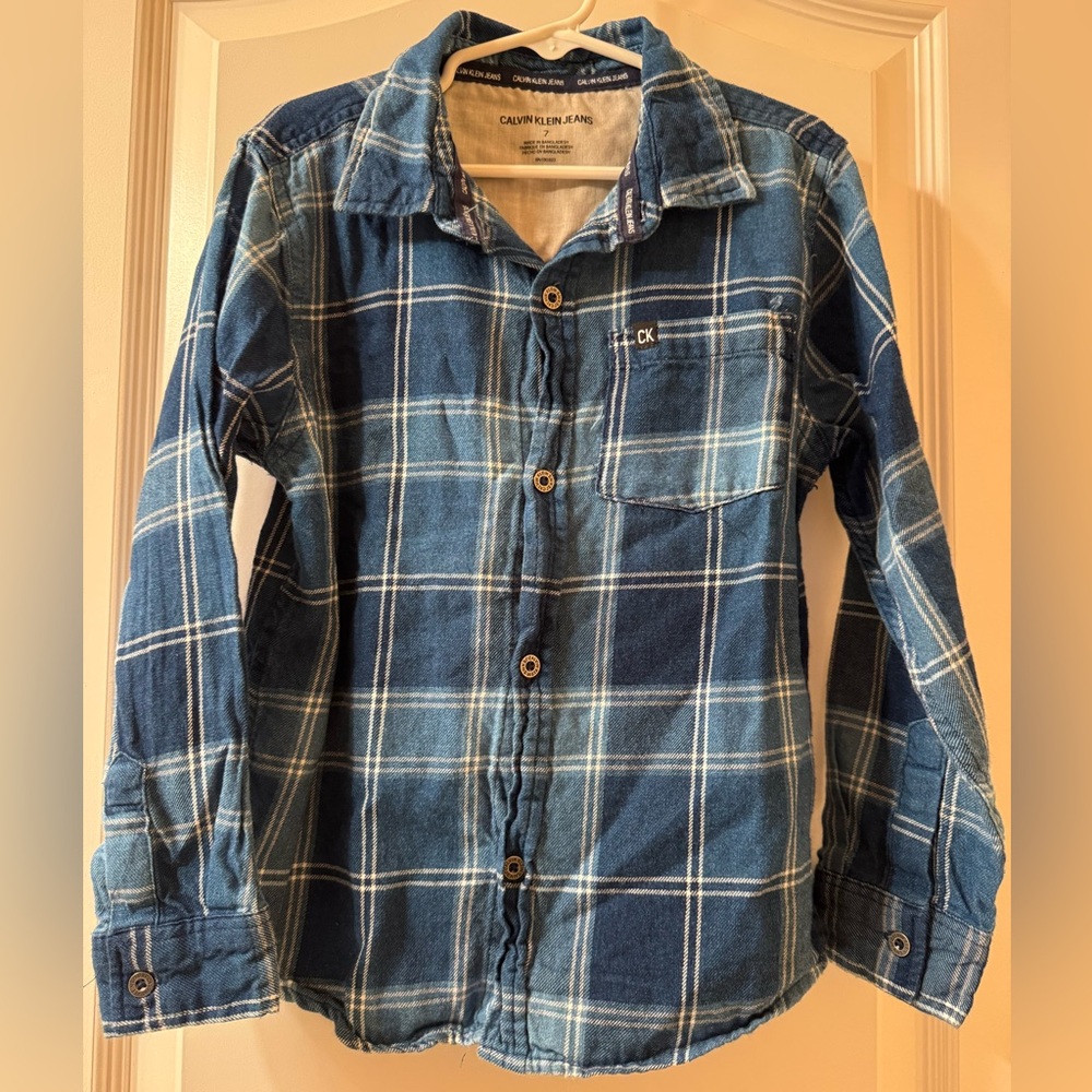 Calvin Klein Jeans Blue Plaid Flannel Button Down Shirt Boys Size 7